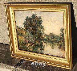 F. JACQUES. Riverbank Landscape Oil Painting on Wood Panel Signed