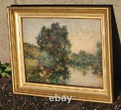 F. JACQUES. Riverbank Landscape Oil Painting on Wood Panel Signed