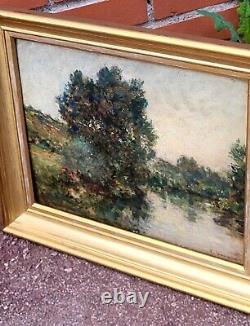 F. JACQUES. Riverbank Landscape Oil Painting on Wood Panel Signed