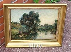 F. JACQUES. Riverbank Landscape Oil Painting on Wood Panel Signed