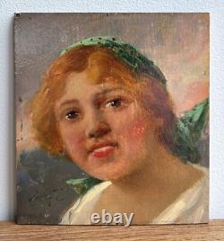 Female Portrait Original Antique Oil Painting 1900s Beauty Girl Expressive