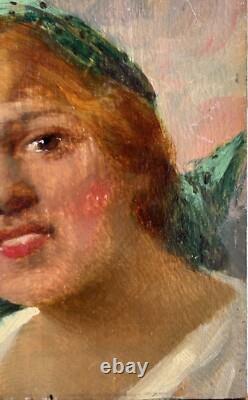 Female Portrait Original Antique Oil Painting 1900s Beauty Girl Expressive
