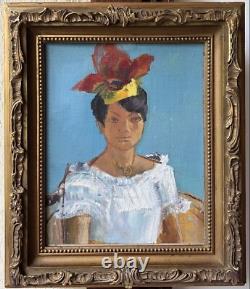 Female Portrait Original Antique Oil Painting 1950-60 Beauty Girl Expressive