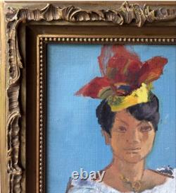 Female Portrait Original Antique Oil Painting 1950-60 Beauty Girl Expressive