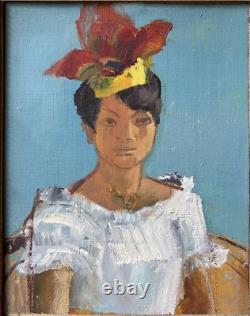 Female Portrait Original Antique Oil Painting 1950-60 Beauty Girl Expressive