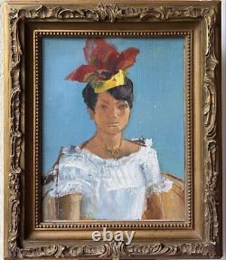 Female Portrait Original Antique Oil Painting 1950-60 Beauty Girl Expressive