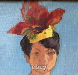Female Portrait Original Antique Oil Painting 1950-60 Beauty Girl Expressive