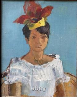 Female Portrait Original Antique Oil Painting 1950-60 Beauty Girl Expressive