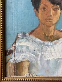 Female Portrait Original Antique Oil Painting 1950-60 Beauty Girl Expressive