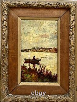 Fisherman on the banks of the Loire, wood painting signed.