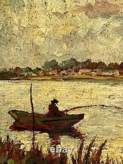 Fisherman on the banks of the Loire, wood painting signed.