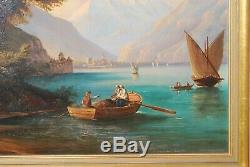 Fishermen And Boats On Lake Geneva Near The Castle Of Chillon. XIX Century Painting