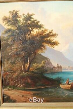 Fishermen And Boats On Lake Geneva Near The Castle Of Chillon. XIX Century Painting