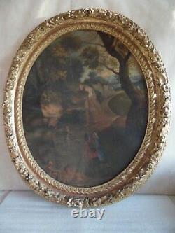 Flamande School. Oil On Toile. 17th Century. Oval Framework In Dore Wood