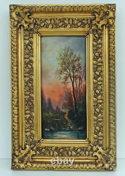 Forest Scene at Dusk Oil on Wood Panel Signed 19th Century