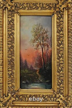 Forest Scene at Dusk Oil on Wood Panel Signed 19th Century