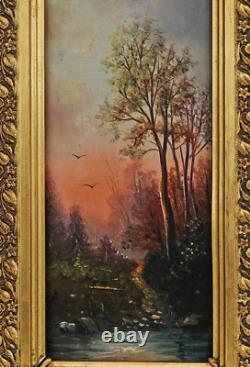 Forest Scene at Dusk Oil on Wood Panel Signed 19th Century