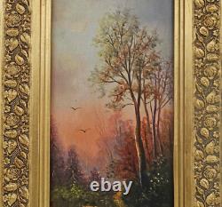 Forest Scene at Dusk Oil on Wood Panel Signed 19th Century