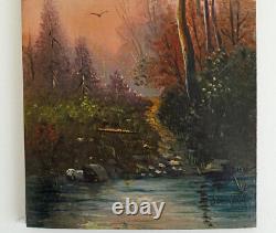 Forest Scene at Dusk Oil on Wood Panel Signed 19th Century