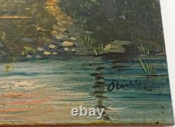 Forest Scene at Dusk Oil on Wood Panel Signed 19th Century