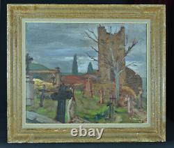 Former Painting Landscape View Of Cemetery Ruine Roger Montane Wood Frame 1930