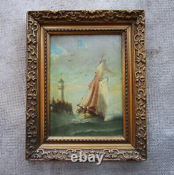 Former Superb 19th Century Oil Painting The Trouville Lighthouse Signed Baron 1878 Navy