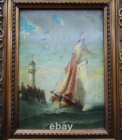 Former Superb 19th Century Oil Painting The Trouville Lighthouse Signed Baron 1878 Navy