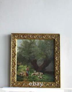 Frame Ancien Bois Dore Oil Painting On Canvas Bergere Et Moutons