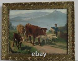 Frame Ancien Bois Dore Oil Painting On Canvas Herd Vaches, Sheep