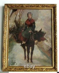 Frame Ancienne Bois Dore Oil Painting On Canvas Peasant And Ane