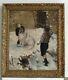 Frame Old Wood Dore Painting Oil On Canvas Children And Dog In The Snow