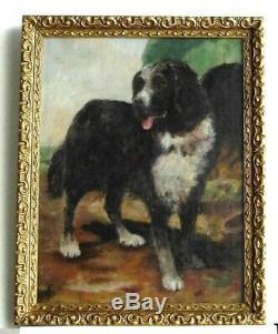 Frame Old Wood Dore Painting Oil On Canvas Dog Newfoundland