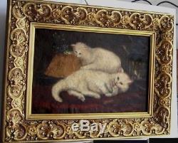 Frame Old Wood Dore Painting Oil On Canvas White Cats Gourmet