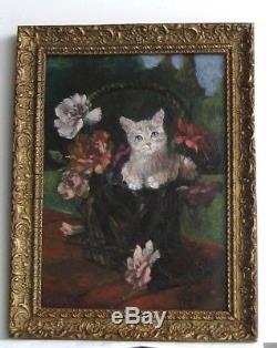 Frame Old Wood Dore Painting Oil On Carton White Cat In A Basket