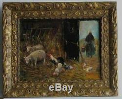 Frame Old Wood Dore Painting Oil On Wood Farm Animals Chickens, Sheep