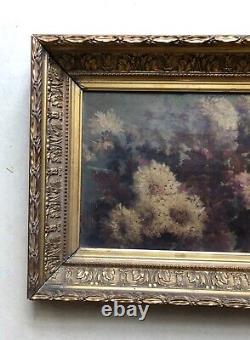 Framed Antique Painting, Lakeside Landscape and Flowers, Oil on Panel 19th Century