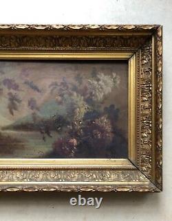 Framed Antique Painting, Lakeside Landscape and Flowers, Oil on Panel 19th Century