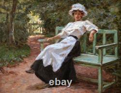 Framed Impressionist Painting Portrait of a Young Girl, Woman on a Garden Bench, Art 1900