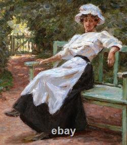 Framed Impressionist Painting Portrait of a Young Girl, Woman on a Garden Bench, Art 1900