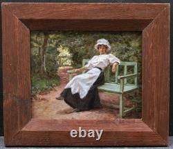 Framed Impressionist Painting Portrait of a Young Girl, Woman on a Garden Bench, Art 1900