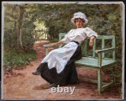Framed Impressionist Painting Portrait of a Young Girl, Woman on a Garden Bench, Art 1900