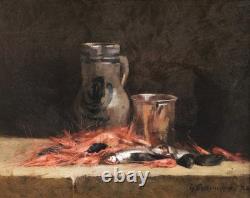 Framed Painting Oil Still Life Shrimp Sardines Cider Léon Gustave RAVANNE