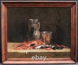 Framed Painting Oil Still Life Shrimp Sardines Cider Léon Gustave RAVANNE