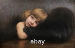Framed oil painting portrait of a little blonde girl by Jean-Bernard DESCOMPS