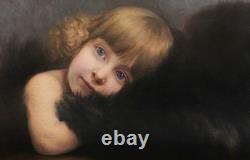 Framed oil painting portrait of a little blonde girl by Jean-Bernard DESCOMPS