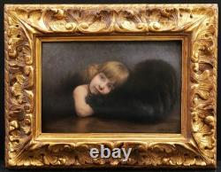 Framed oil painting portrait of a little blonde girl by Jean-Bernard DESCOMPS
