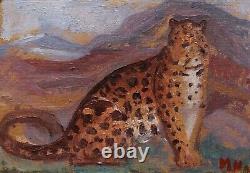Framed painting Spanish animal art Mateo HERNANDEZ leopard Art Deco 1930
