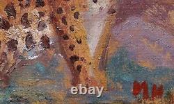 Framed painting Spanish animal art Mateo HERNANDEZ leopard Art Deco 1930