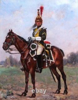 Framed painting of a Napoleonic soldier on horseback, First Empire Dragon, Albert LE DRU