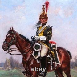 Framed painting of a Napoleonic soldier on horseback, First Empire Dragon, Albert LE DRU